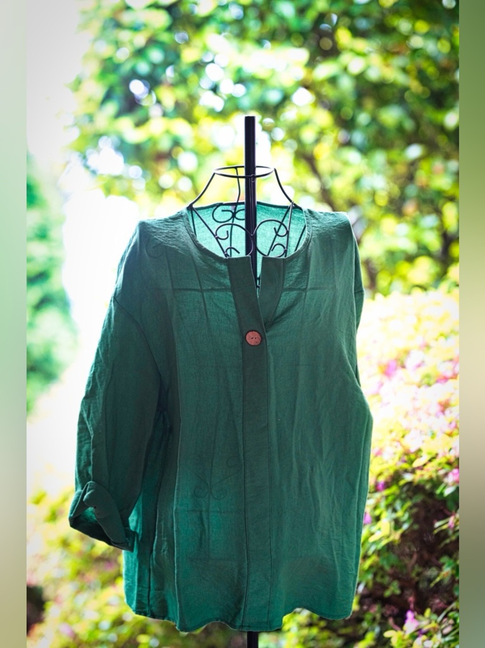 Forest Green Linen-Blend Tunic Top - Wooden Button Detail - Picture 6 of 6